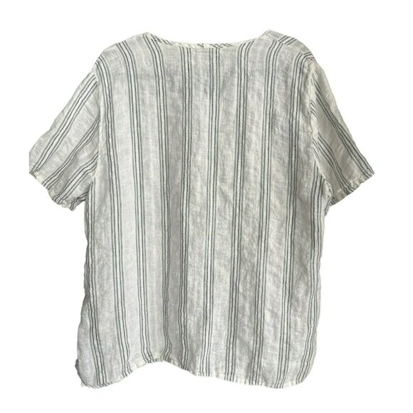 Flax Designs Linen Short Sleeve Top Size Large Striped White Blue Women's Blouse - Picture 3 of 4
